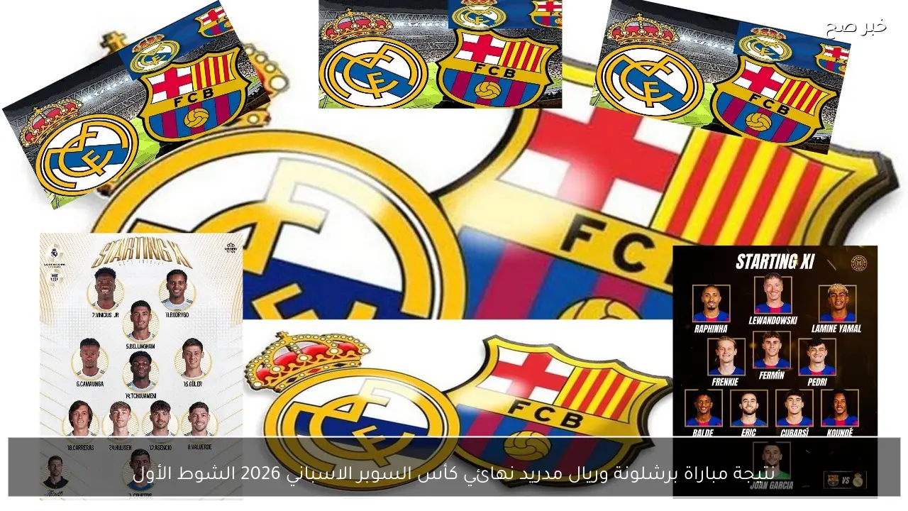 نتيجة مباراة برشلونة وريال مدريد نهائي كأس السوبر الاسباني 2026 وملخص الشوط الأول المثير في الوقت الضائع