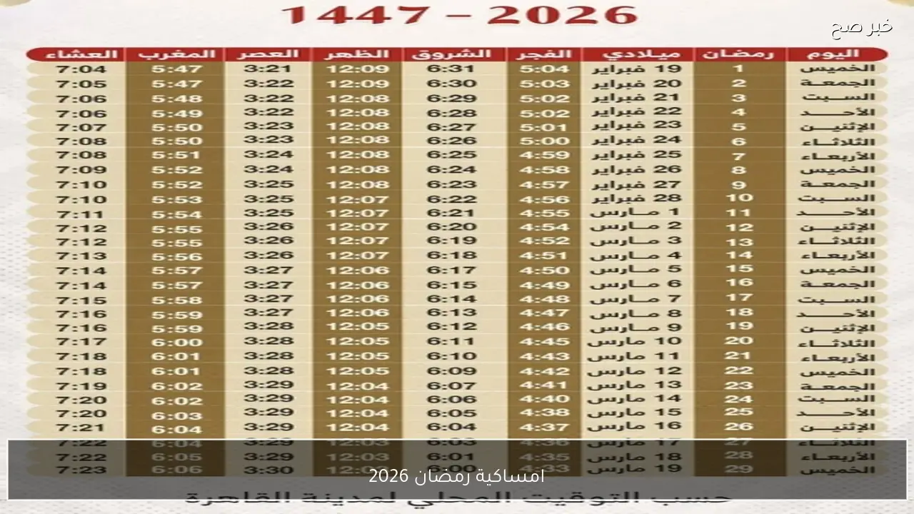 “6 رمضان” امساكية رمضان 2026.. جدول كامل للإمساك والإفطار طوال الشهر الكريم