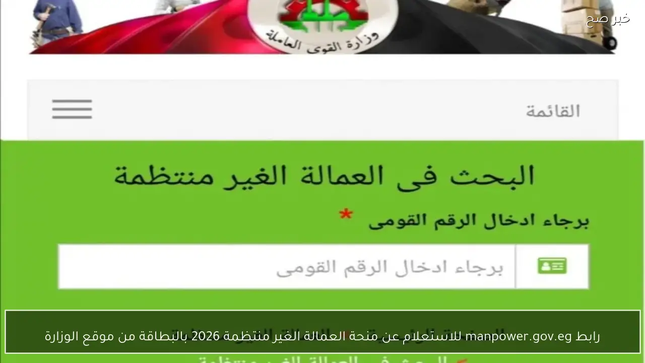 رابط manpower.gov.eg للاستعلام عن منحة العمالة الغير منتظمة 2026 بالبطاقة من موقع الوزارة