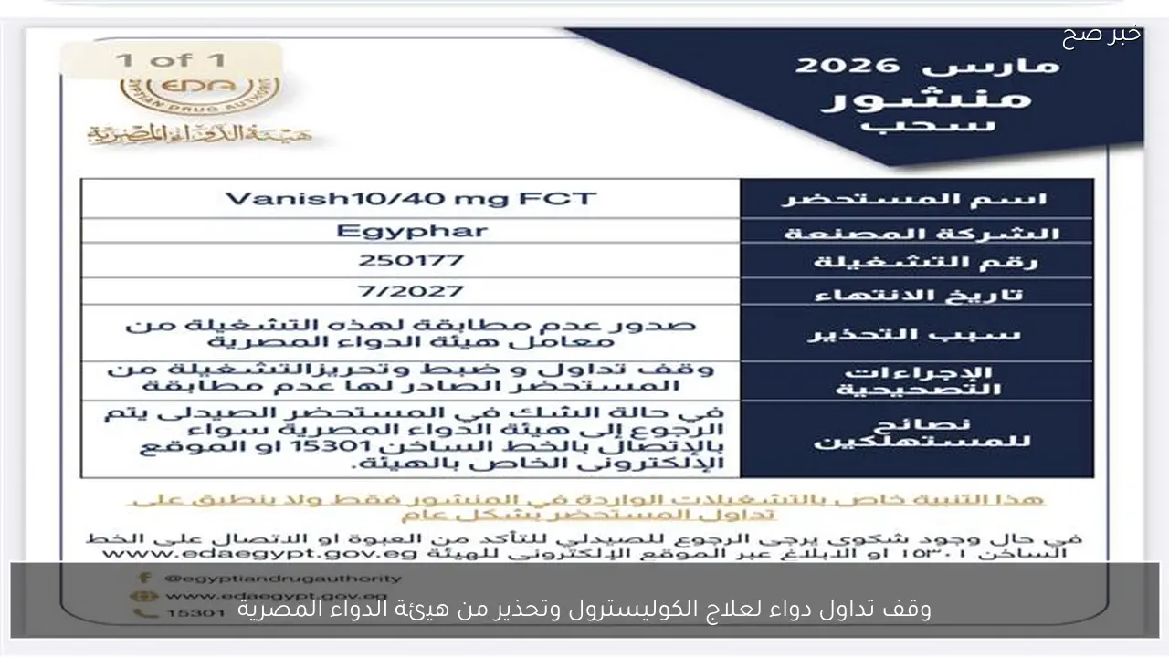 وقف تداول دواء لعلاج الكوليسترول وتحذير من هيئة الدواء المصرية